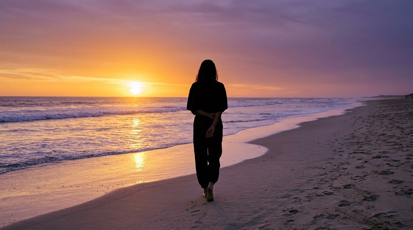 Anoniem silhouet van persoon die langs het strand wandelt bij zonsondergang - actieve leefstijl